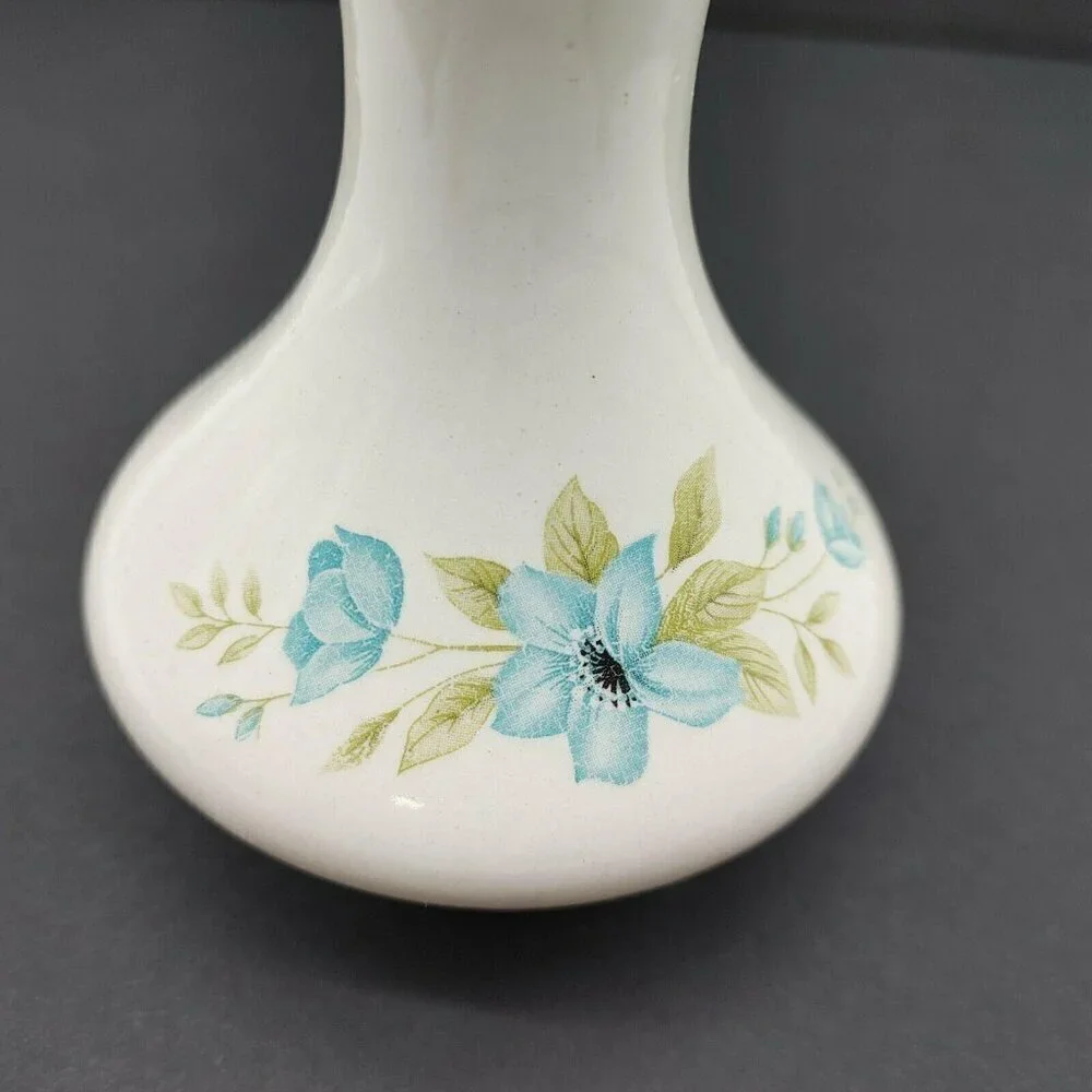 Ceramic Vase With Blue Floral Design & Turquoise Interior Marked Anna 1972 VTG